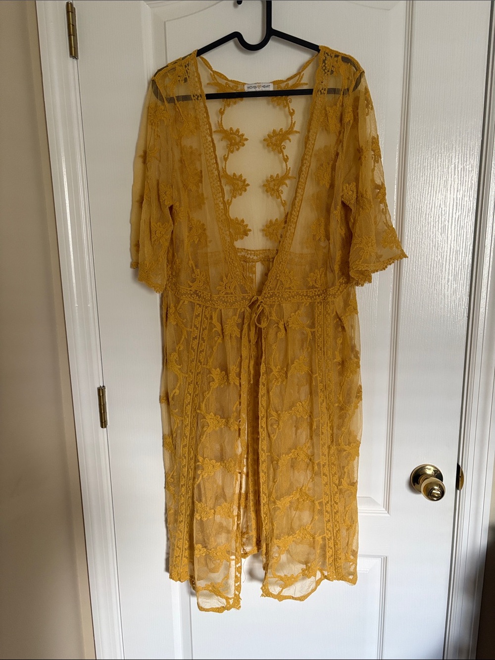 Woven Heart Bohemian Mustard Sheer Embroidered Lace Kimono Duster Cardigan